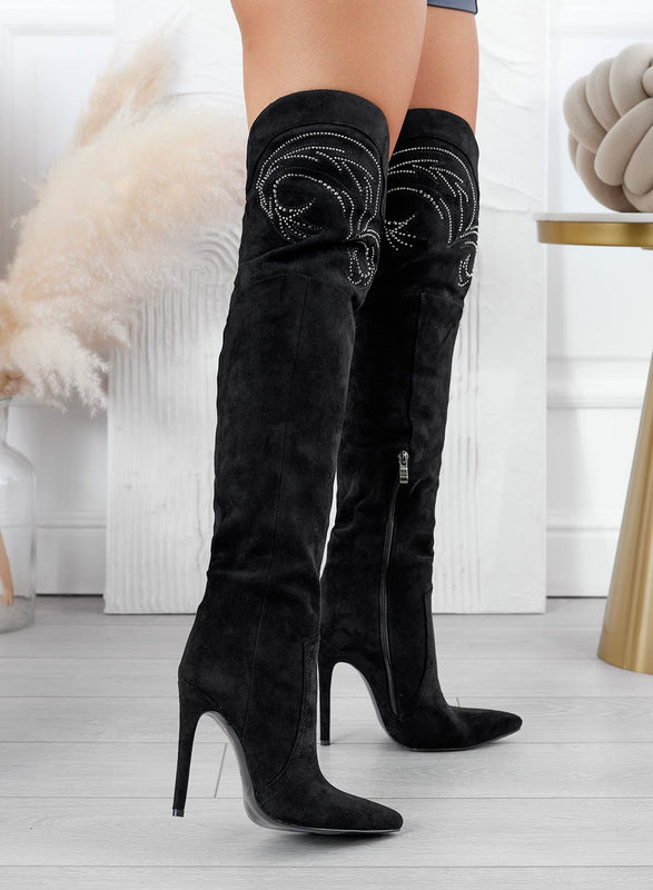 RAFFAELLA - Black thigh-high boots with rhinestones