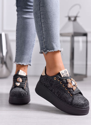 NINFA - Black platform sneakers in laminated fabric with jewel embellishment