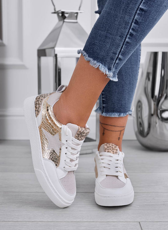 CLARE - White sneakers with leopard print inserts and metallic gold