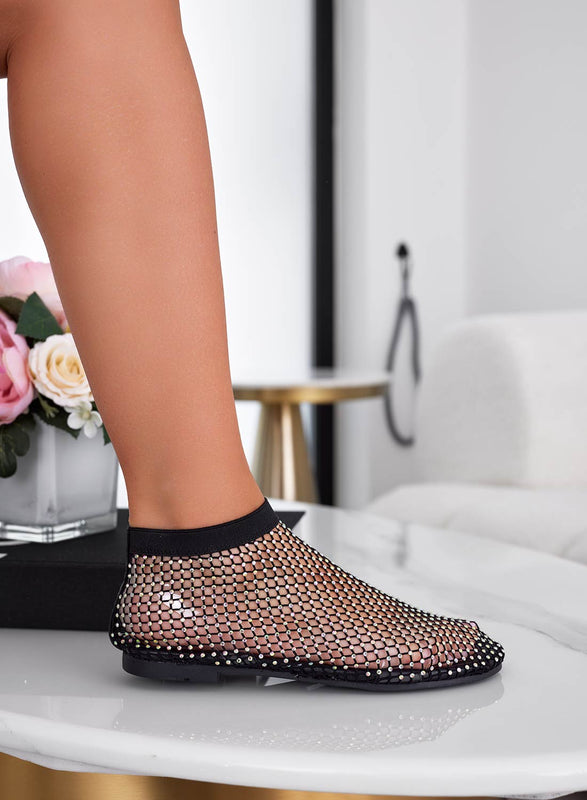 CARLA - Black mesh ballerina sandals with rhinestones