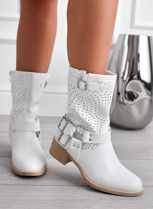 ASHLEE - Stivaletti bianchi traforati con fibbia