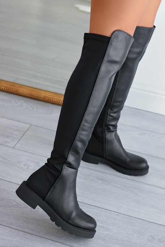 COLLINS - Black thigh high boots in elastic fabric