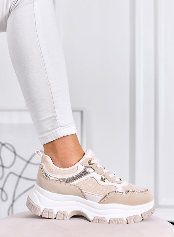 DELIA - Beige Sneakers with Gold Details and Chunky Sole