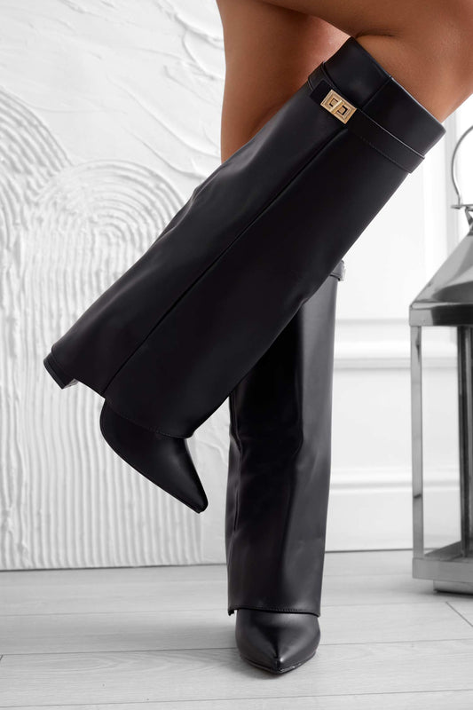 ALBIA - Bottes hautes noires à bout stiletto avec détail doré