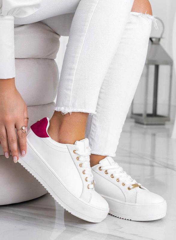 CARRY - Alexoo White Sneakers with gold trim and fuchsia back