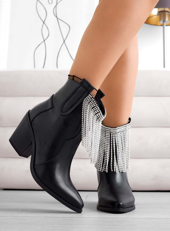 RIKI - Alexoo black camperos ankle boots with jewel fringes