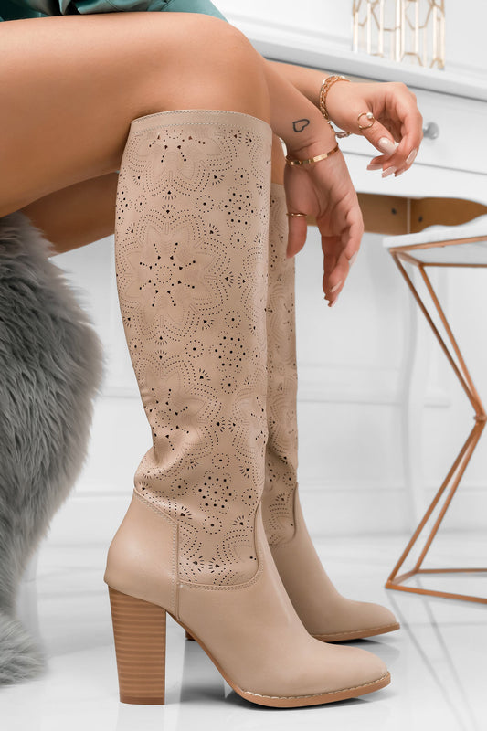 CHANTAL - Beige perforated faux leather boots with block heels