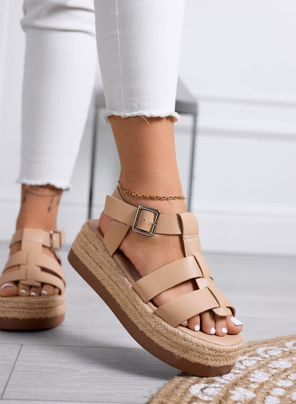 SHELLY – Beige platform sandals with wide straps and rope sole