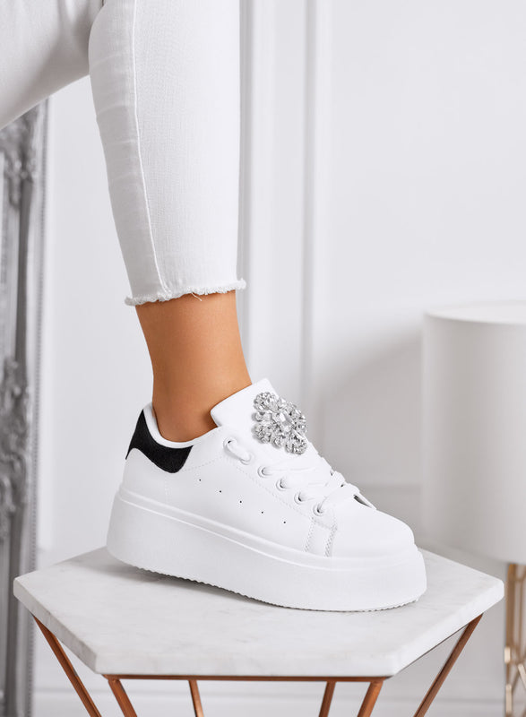 RONNIE - Zapatillas blancas con plataforma, parte trasera negra y maxi flor joya