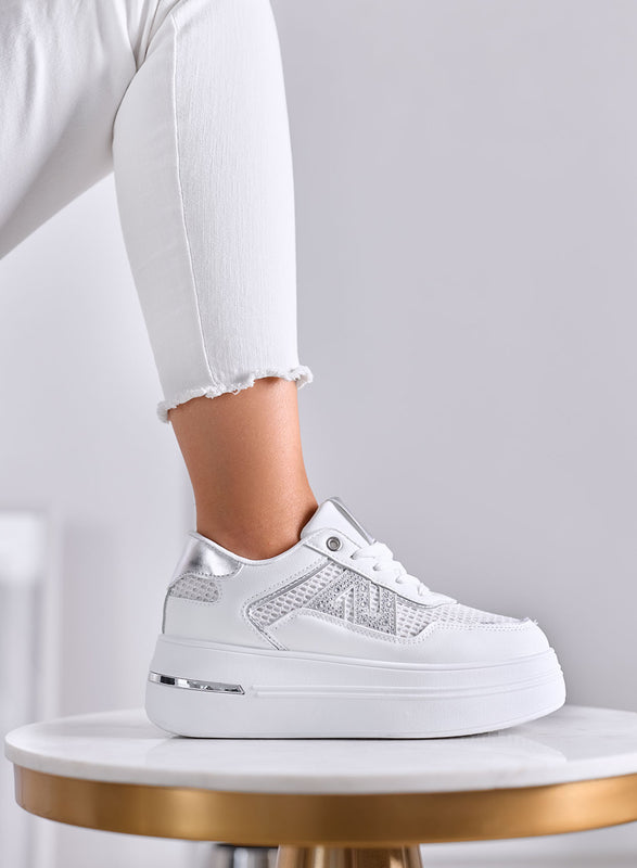 TULLIA - Sneakers Bianche Platform con Rete e Strass