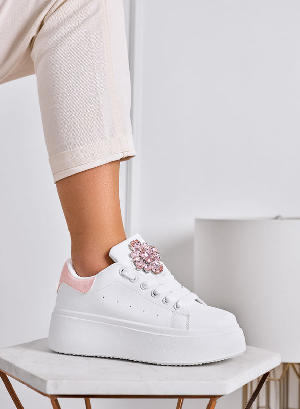 RONNIE - Sneakers bianche platform con maxi fiore gioiello rosa