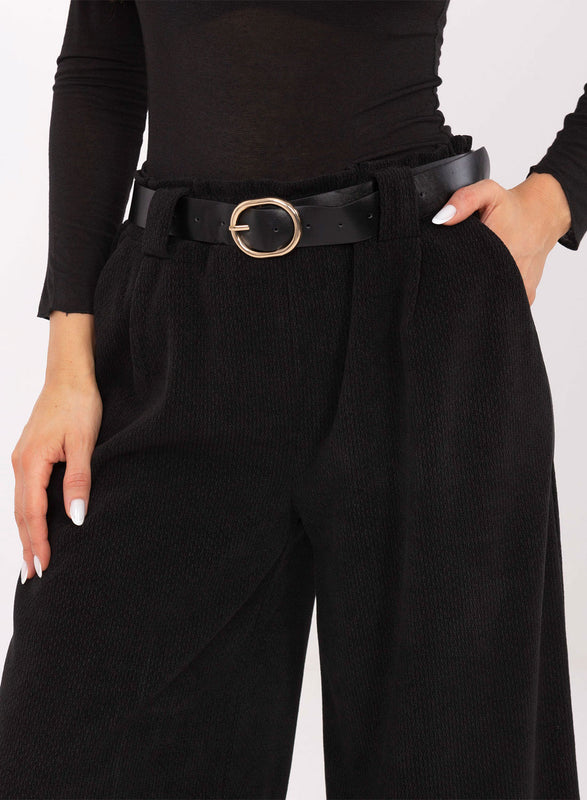Wide-Leg Black Trousers in Structured Fabric with Belt