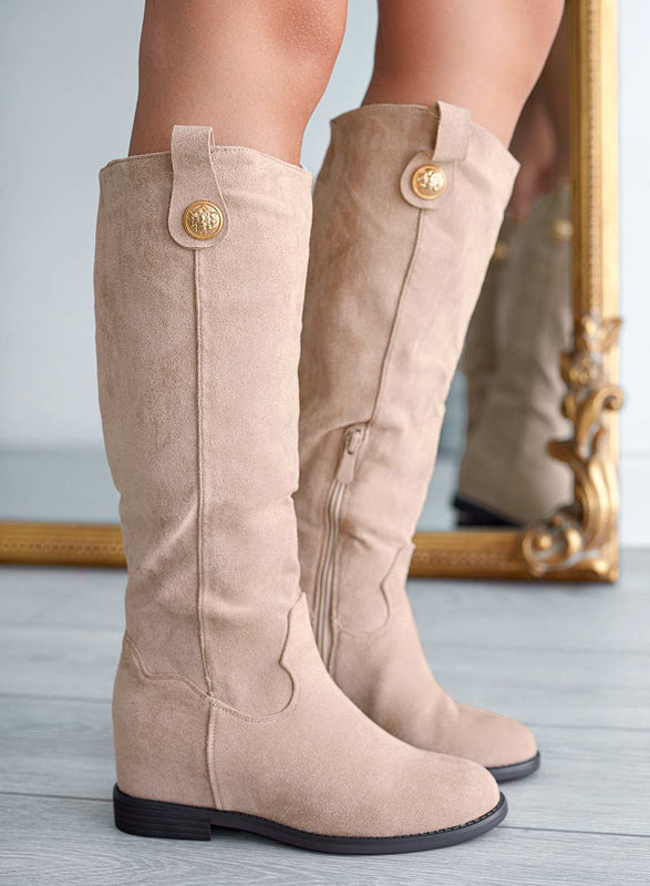 ROYAL - Beige Alexoo boots with internal wedge and gold button