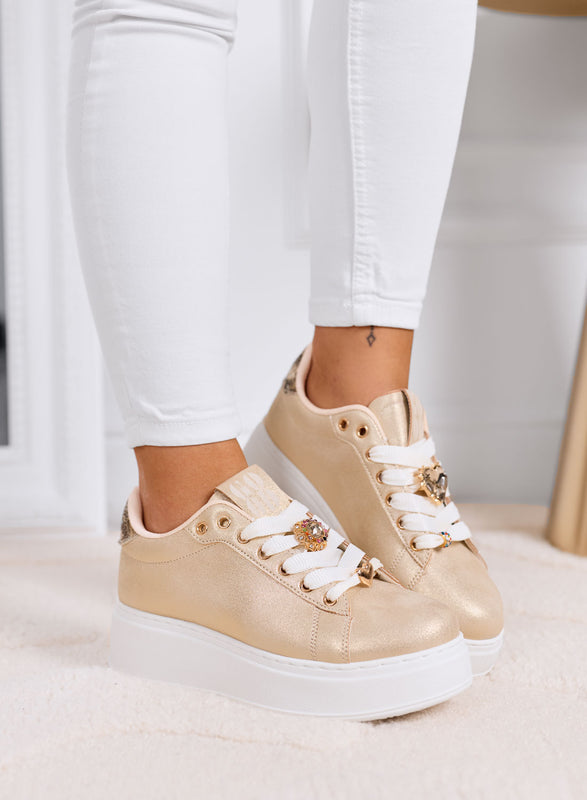 CETTY - Gold sneakers with jewel charms and white platform sole