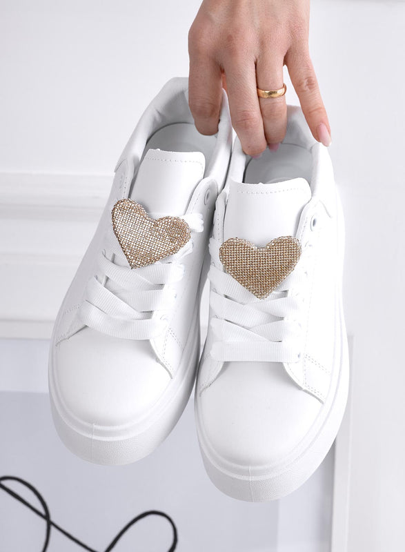 BELINDA - White sneakers with gold rhinestone heart