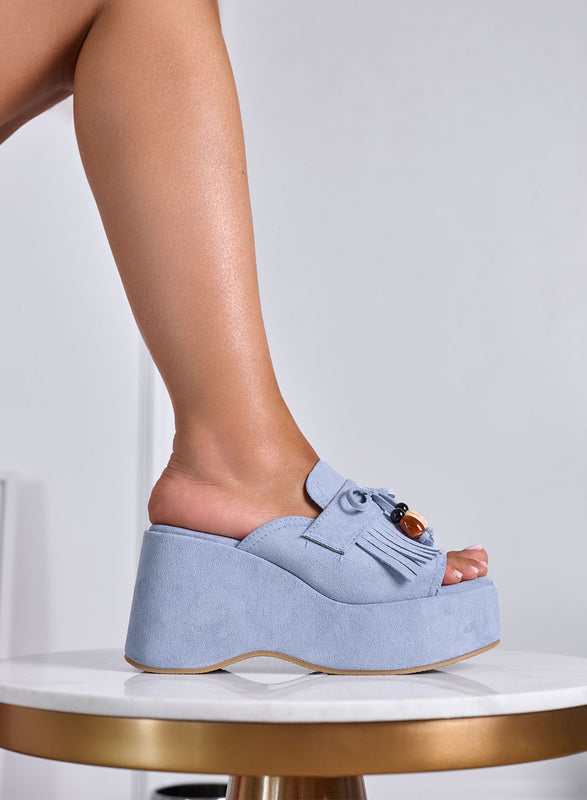 ROVE - Blue Wedge Sandals with Fringes