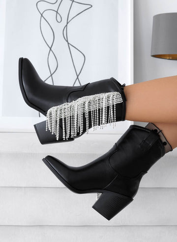 ROSE - Bottines Alexoo noires style camperos avec franges bijoux