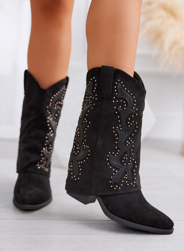 ARTHUR - Black western boots with a folded cuff and gold rivets