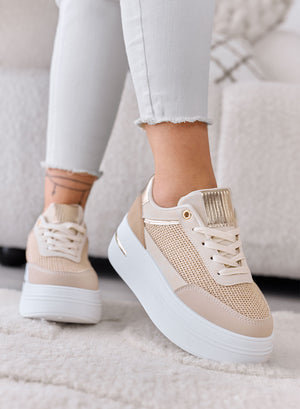 SONIA - Sneakers fango con inserti in tessuto laminato oro