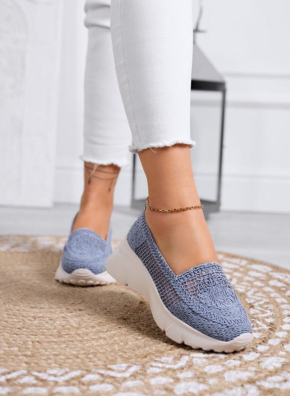 NASTIA - Blue slip-on loafers in perforated crochet with chunky white sole