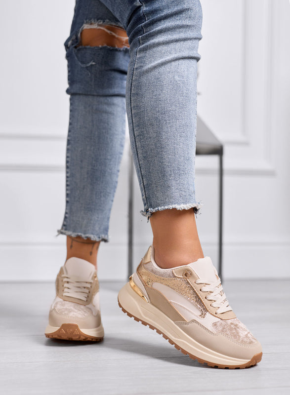 DONATA - Beige and gold sneakers with metallic details and platform sole