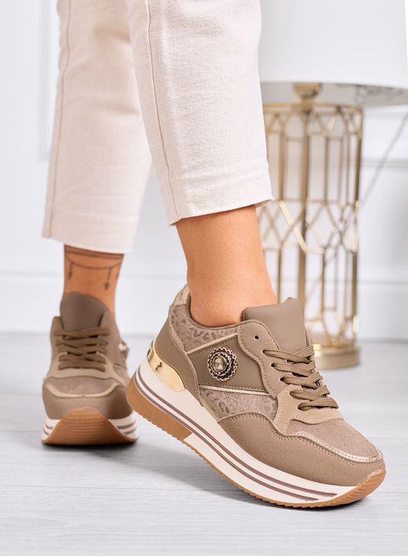 BAHIA - Baskets taupe avec ornement bijou et semelle plateforme