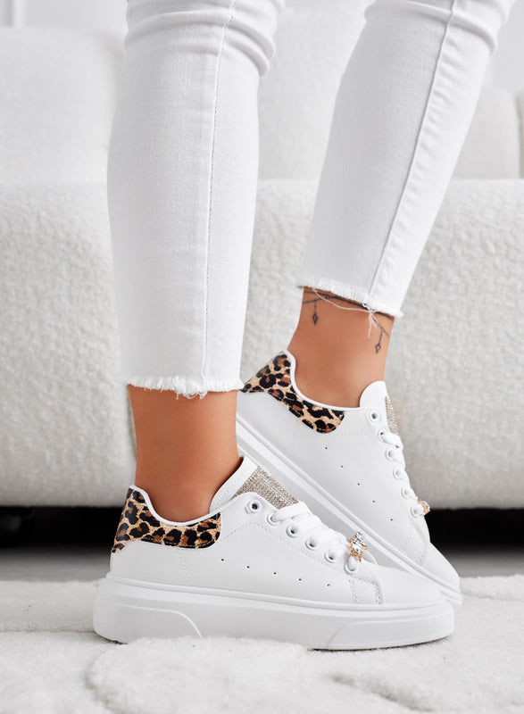 ANDREINA - White sneakers with jewel application and leopard-print back