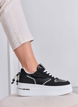 VERONICA - Black Platform Sneakers with White Contrast Stitching