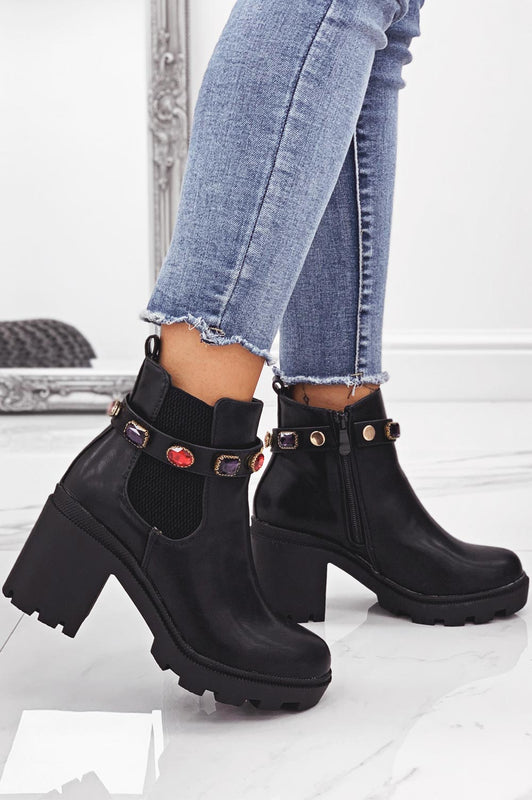 BERNA - Black chunky heeled ankle boots with side spring and stones details