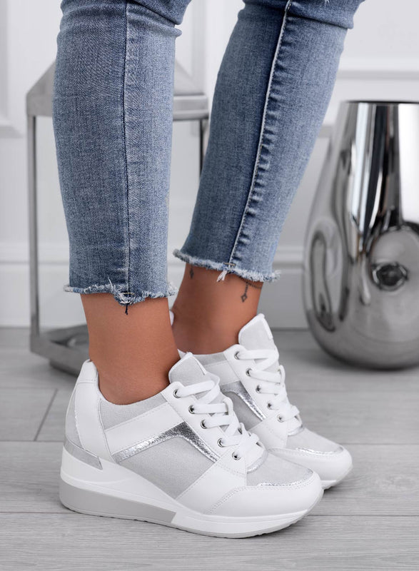 BARAN - White sneakers with silver glitter inserts and wedge