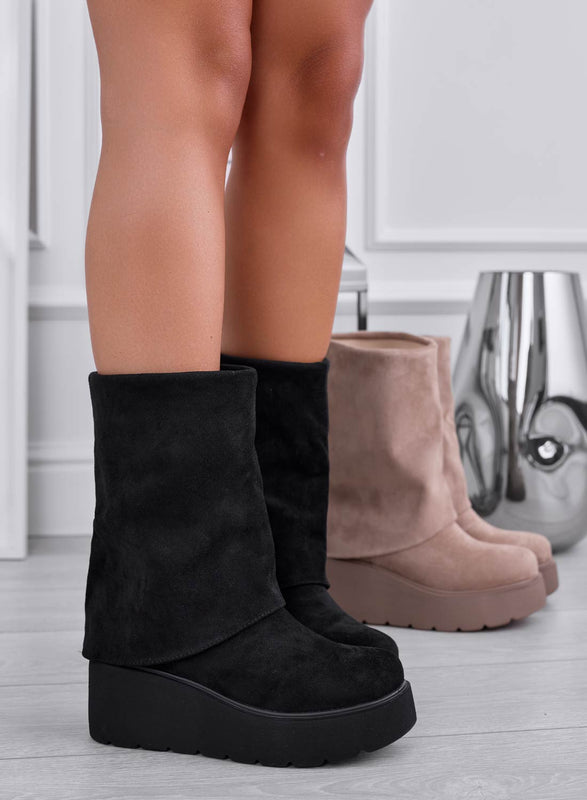 TIBERIA - Black suede ankle boots with cuff and wedge