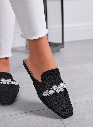 ORIETTA - Black lace mules with rhinestones and square toe