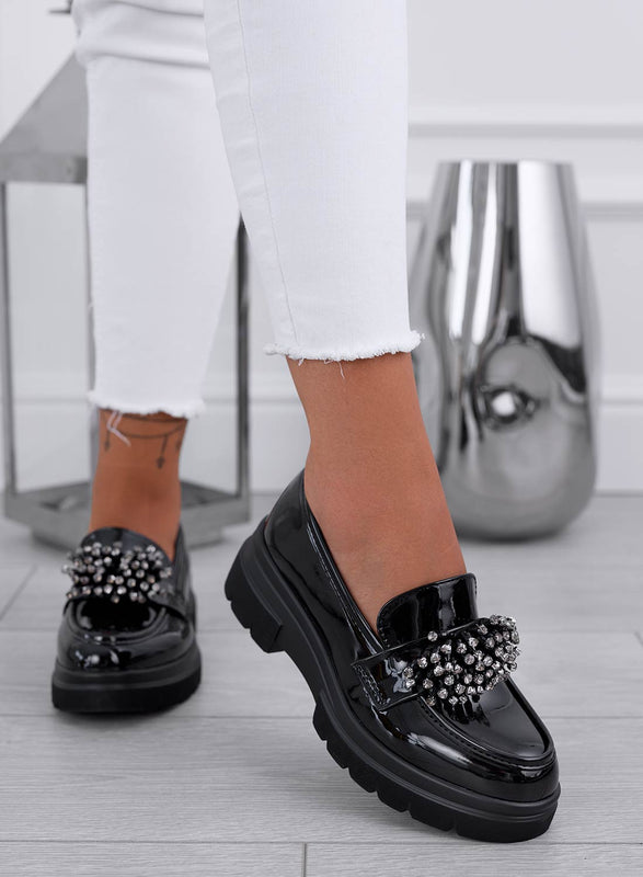 AXIDIE - Black patent leather brogues with rhinestones