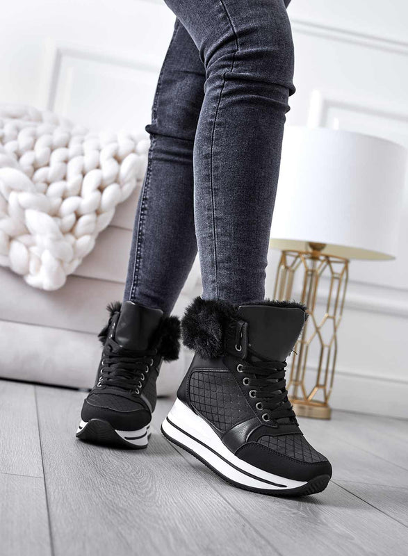 SVEVA - Black sneakers with faux fur trim and interior