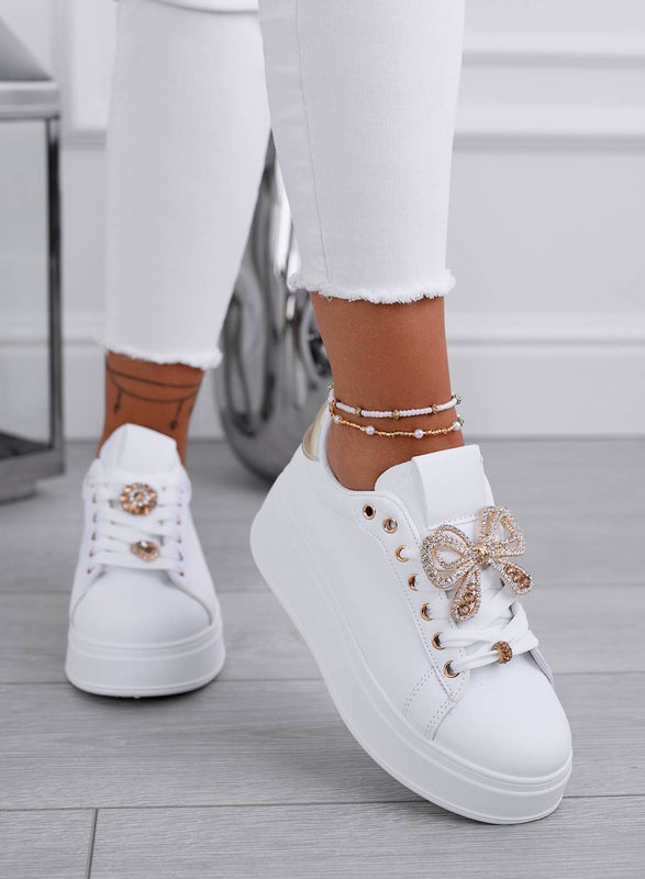 PAOLA - White sneakers with gold jewel bow