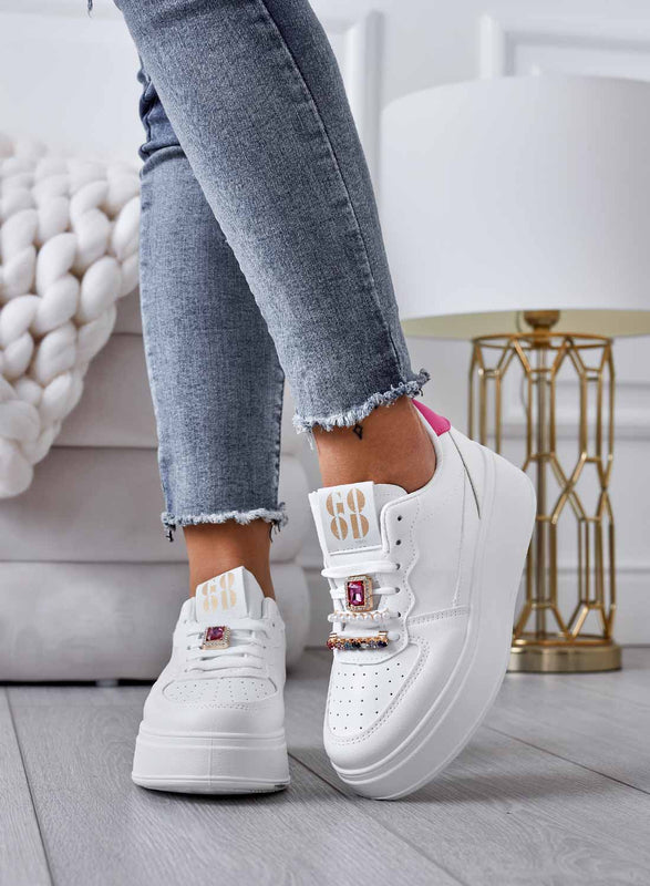 PETRA - White sneakers with jewel applications and fuchsia back