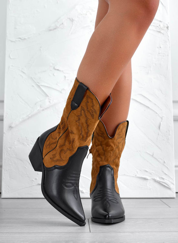 CALINDA - Black camper boots with camel suede fabric