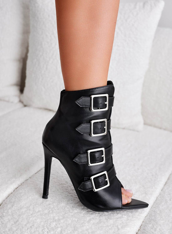 MIRELLA - Black peep-toe ankle boots with buckles and high heels