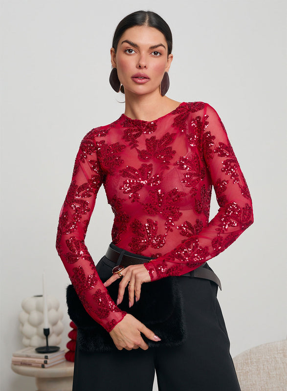 Red sheer bodysuit with sequin details