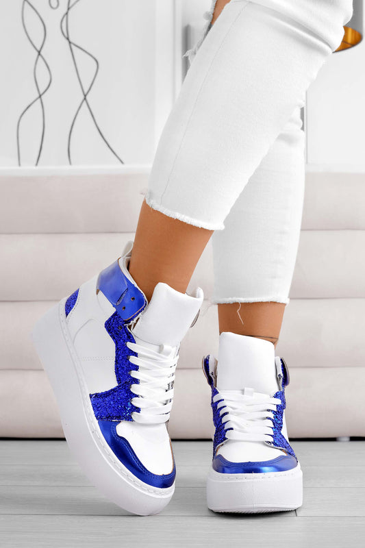 ROSINA - White sneakers with blue glitter inserts