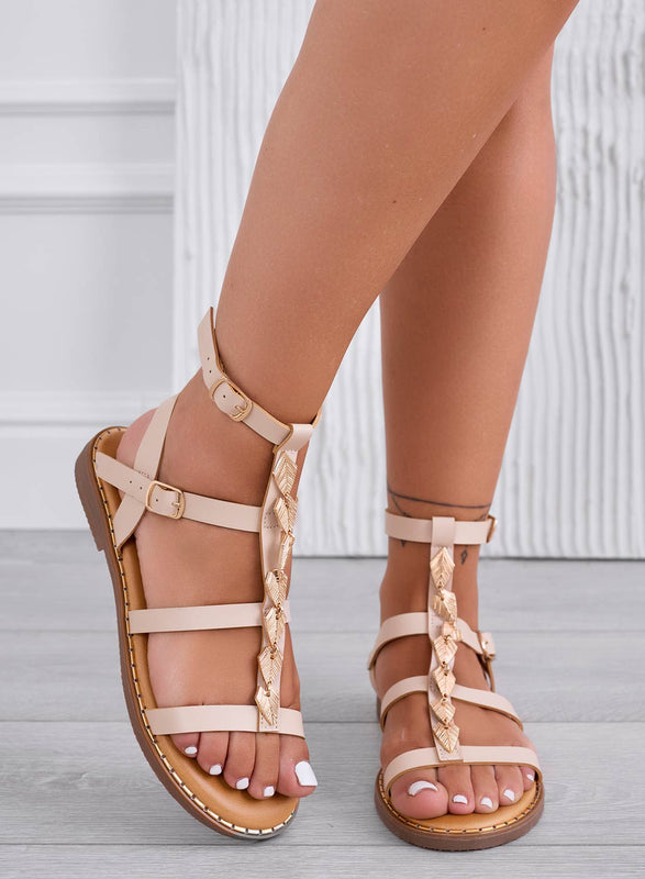 PALMA - Beige low sandals with gold applications