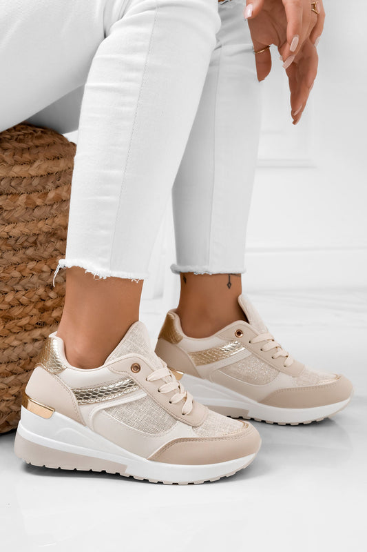 DREAMS - Beige and golden sneakers with wedge