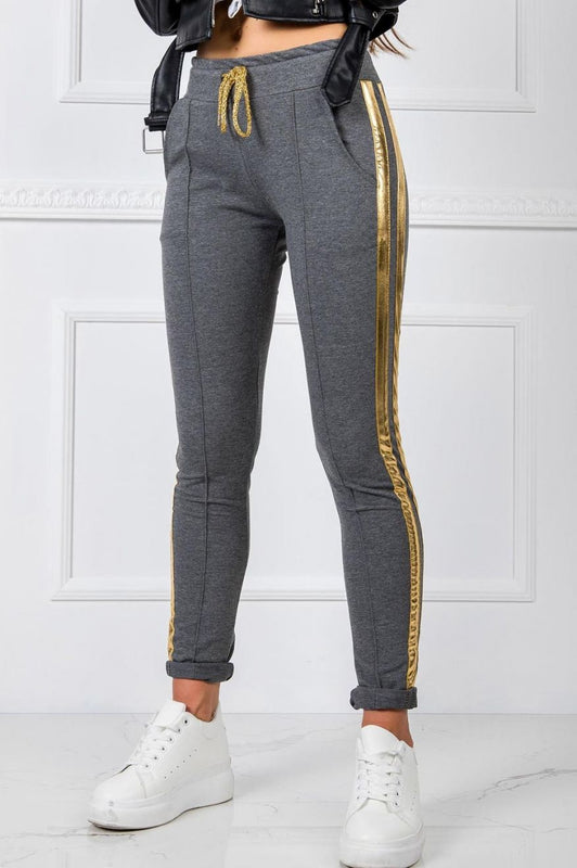 Grey jumpsuit trousers with golden side bands