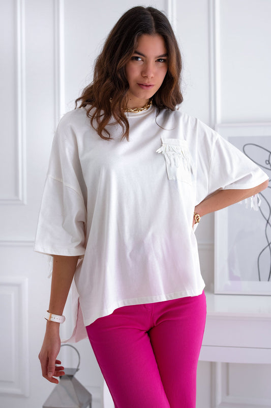 White maxi t-shirt with fringes multicolour reflection