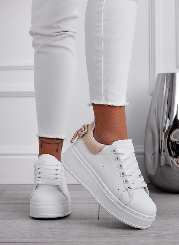 MILE - White sneakers with thick sole, rhinestone bow, and beige back