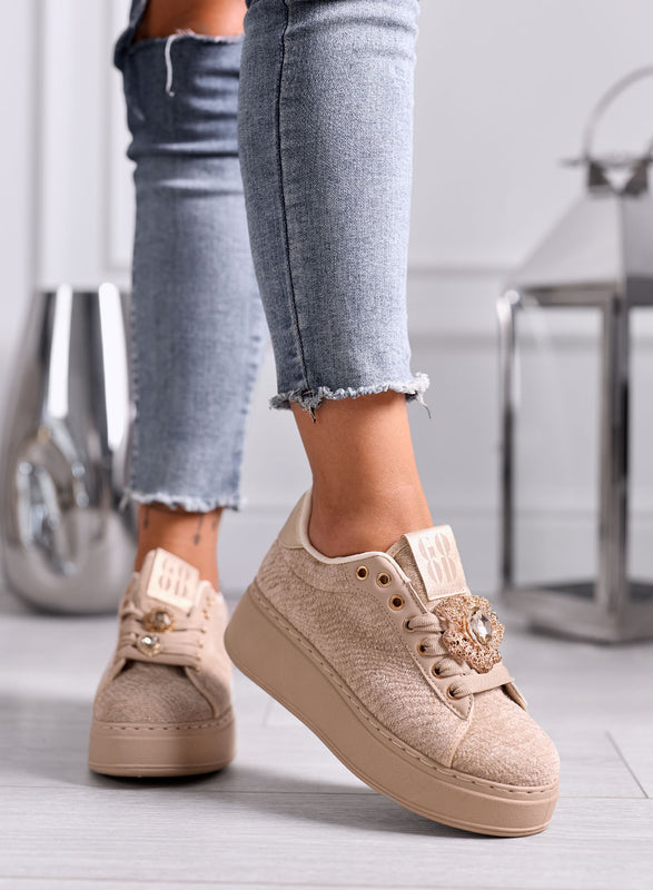 NINFA - Beige platform sneakers in laminated fabric with jewel embellishment
