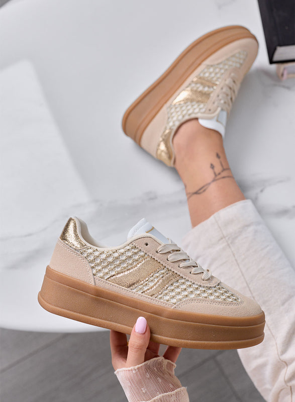 MARISOL - Sneakers beige con inserti oro e suola in gomma
