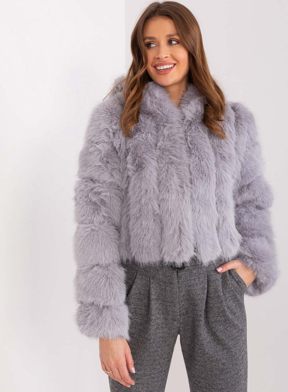 Short faux fur jacket with long-haired gray hood