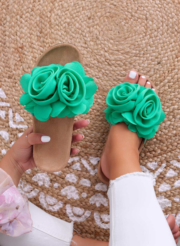 SUMMER - Green slipper sandals with applied flowers