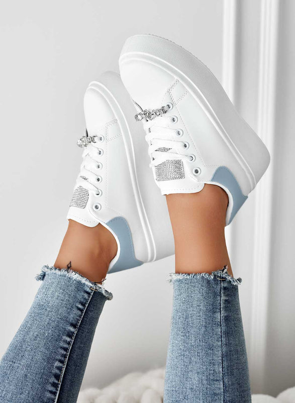 DELIA - White sneakers with jewel application and light blue back